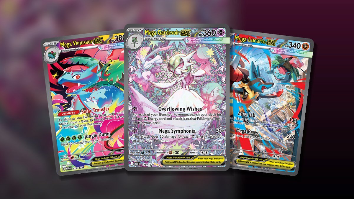 Mega Venusaur ex, Mega Gardevoir ex and Mega Lucario ex Special Illustration Rare cards from the Mega Evolution set