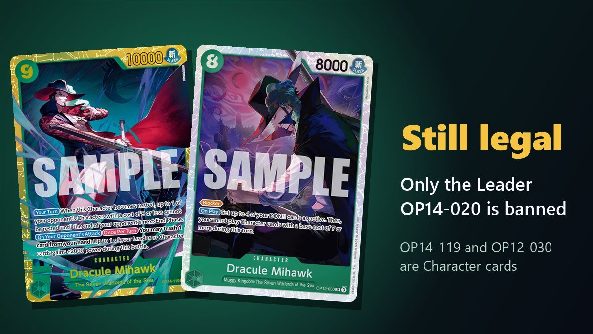 Dracule Mihawk OP14-119 and OP12-030 Character cards, both still legal after the ban