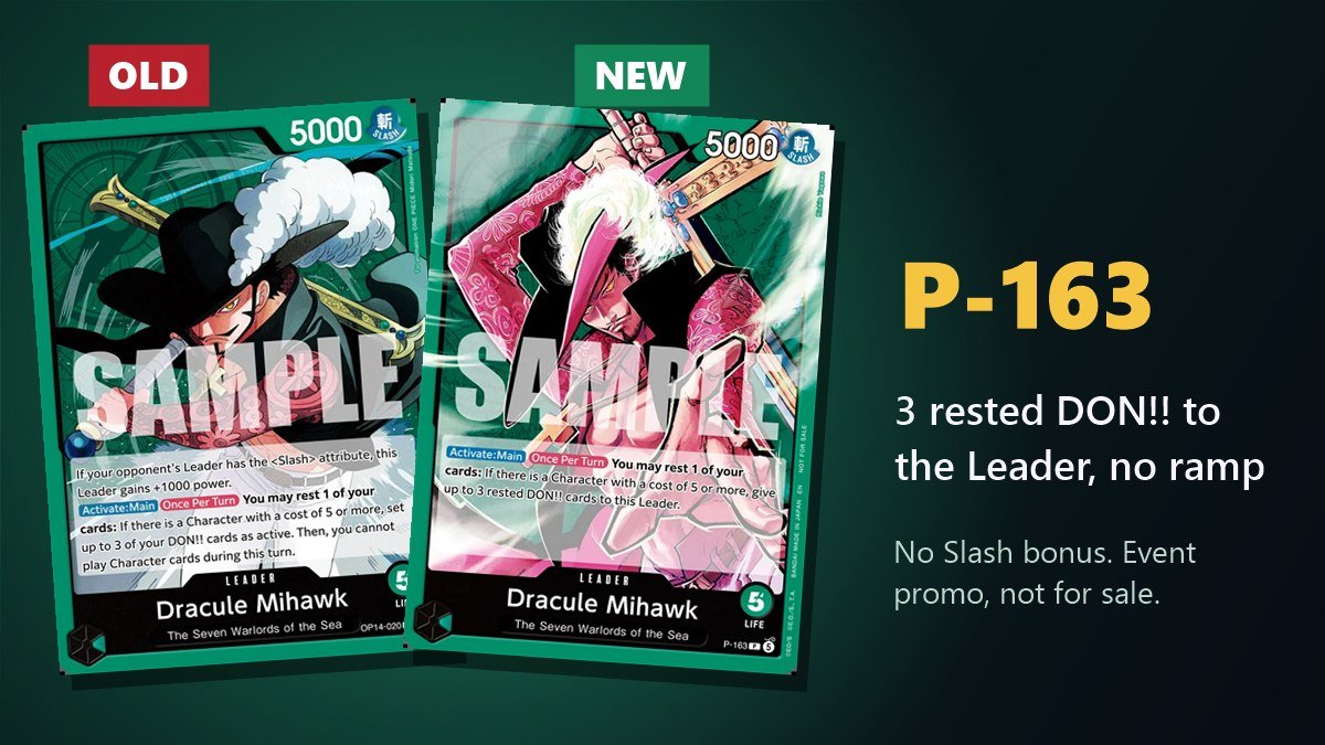 Banned OP14-020 Dracule Mihawk next to the replacement P-163 Dracule Mihawk leader