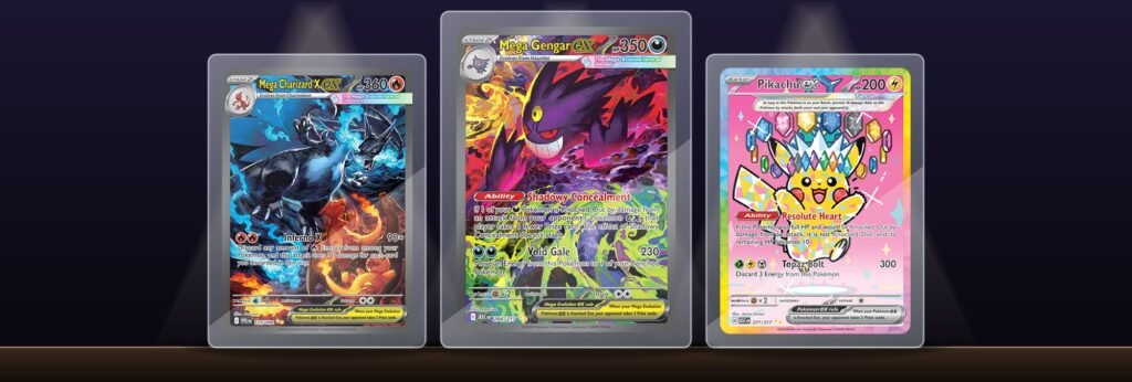 Mega Charizard X ex, Mega Gengar ex and Pikachu ex Special Illustration Rare cards in clear holders on a lit display shelf