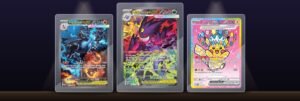 Mega Charizard X ex, Mega Gengar ex and Pikachu ex Special Illustration Rare cards in clear holders on a lit display shelf