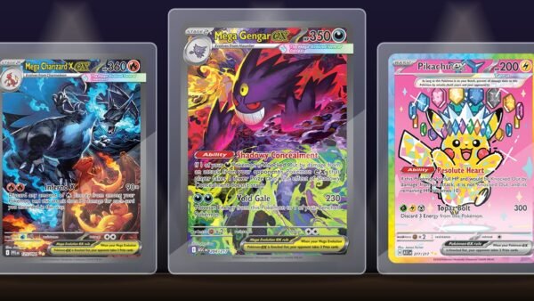 The 15 Most Expensive Mega Evolution Pokémon Cards (October 2026) Mega Charizard X ex, Mega Gengar ex and Pikachu ex Special Illustration Rare cards in clear holders on a lit display shelf