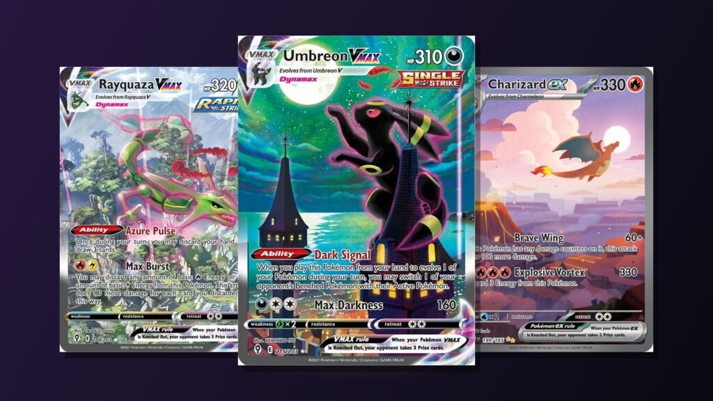 Rayquaza VMAX and Umbreon VMAX alternate art cards from Evolving Skies and the Charizard ex Special Illustration Rare from Scarlet & Violet 151