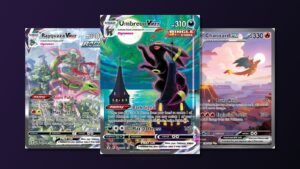 Rayquaza VMAX and Umbreon VMAX alternate art cards from Evolving Skies and the Charizard ex Special Illustration Rare from Scarlet & Violet 151