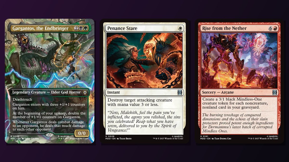 Gargantos, the Endbringer, Penance Stare and Rise from the Nether cards from MTG Marvel: Darkhold Destiny