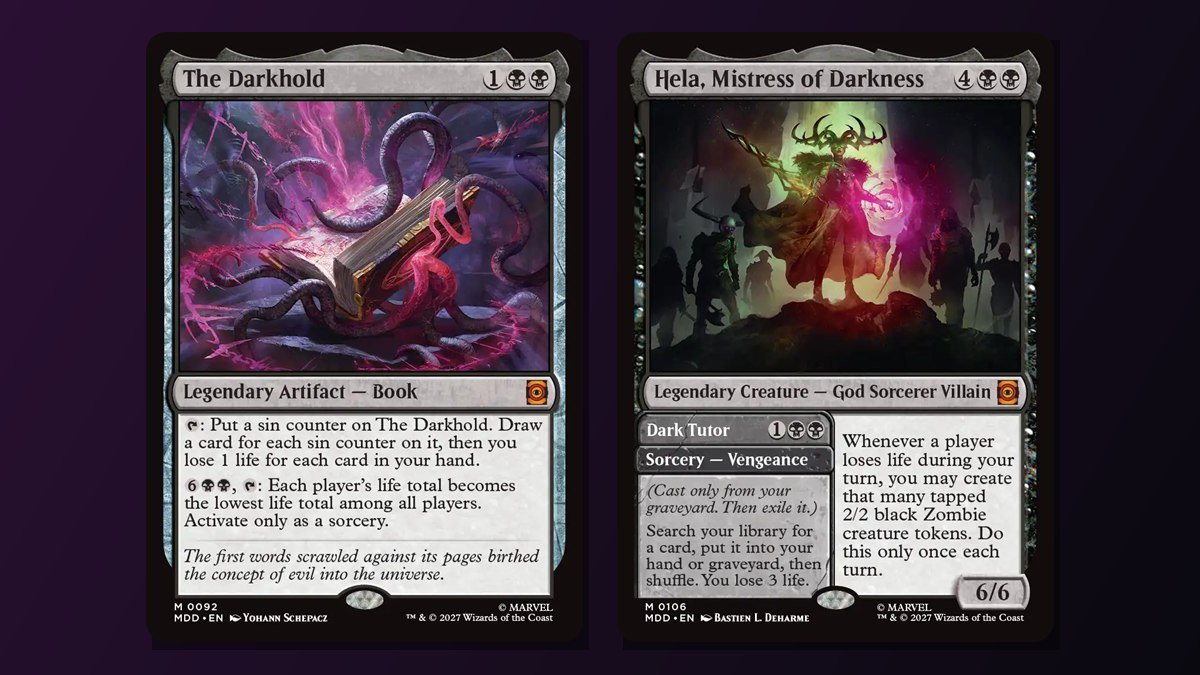 The Darkhold and Hela, Mistress of Darkness cards from MTG Marvel: Darkhold Destiny