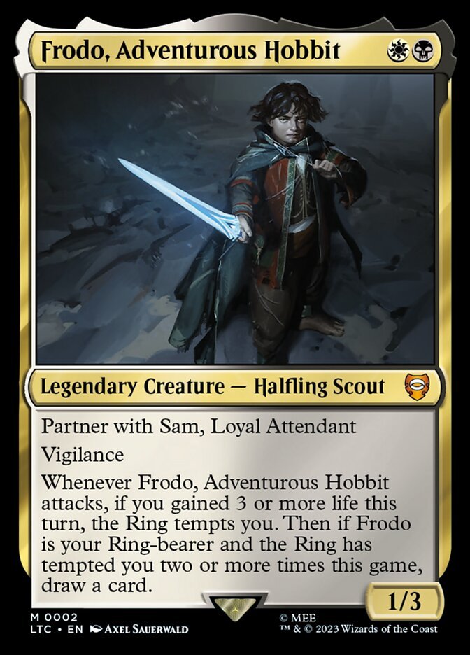 Frodo, Adventurous Hobbit, who partners with Sam, Loyal Attendant as an Abzan commander in Magic: The Gathering