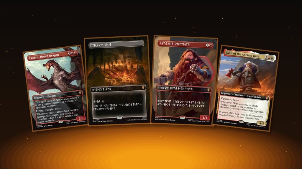 MTG The Hobbit Collector Booster cards: Cavern-Hoard Dragon classic artist, Treasure Vault and Dwarven Warriors in Dwarvish, and Dain of the Ancient Halls extended art