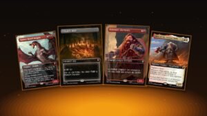 MTG The Hobbit Collector Booster cards: Cavern-Hoard Dragon classic artist, Treasure Vault and Dwarven Warriors in Dwarvish, and Dain of the Ancient Halls extended art