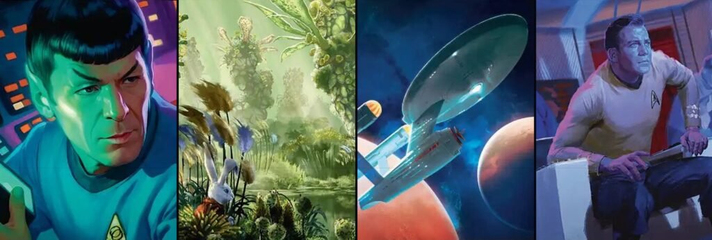 Commander Spock, Shore Leave Planet, the Starship Enterprise and Captain Kirk card art from the MTG Star Trek Landing Party Commander deck