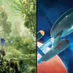 Commander Spock, Shore Leave Planet, the Starship Enterprise and Captain Kirk card art from the MTG Star Trek Landing Party Commander deck