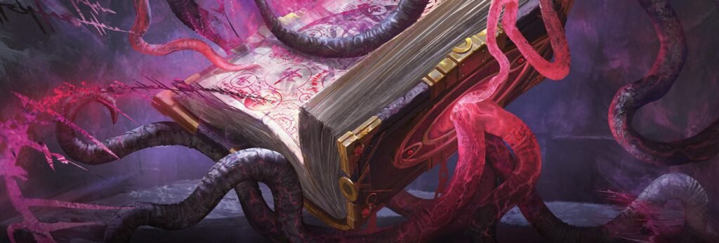 The Darkhold key art from MTG Marvel: Darkhold Destiny by Yohann Schepacz: a tentacled book of dark magic