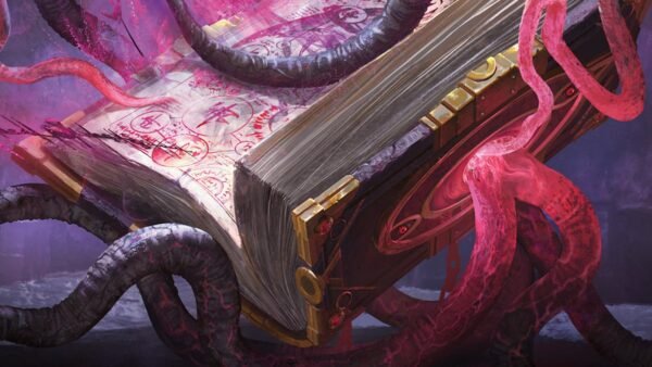 The Darkhold key art from MTG Marvel: Darkhold Destiny by Yohann Schepacz: a tentacled book of dark magic