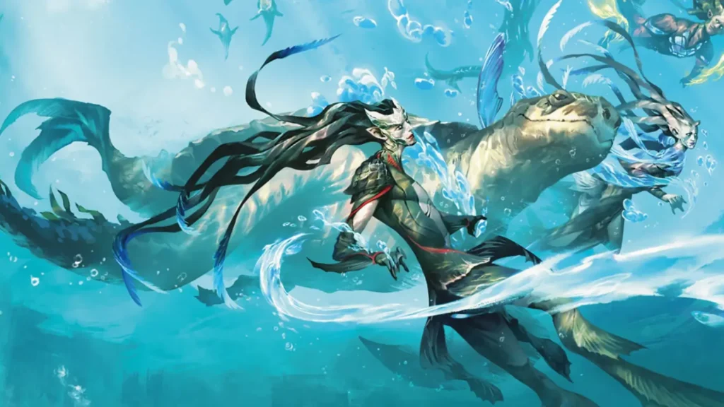 Nauctis: The Sunken Realm key art showing merfolk swimming with a giant sea creature underwater