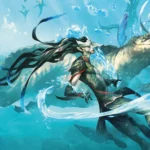 Nauctis: The Sunken Realm key art showing merfolk swimming with a giant sea creature underwater