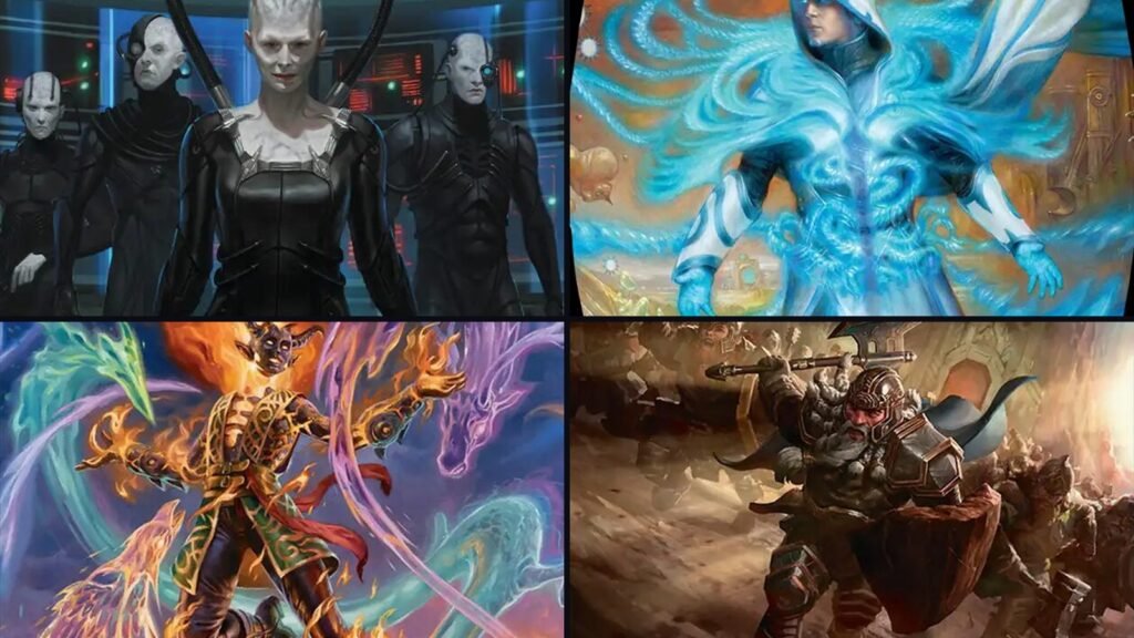 Card art from 2026 Magic sets: The Borg Queen (Star Trek), Jace, Multiverse Architect (Reality Fracture), Ashling, the Limitless (Lorwyn Eclipsed) and Thorin, Mountain-king (The Hobbit)