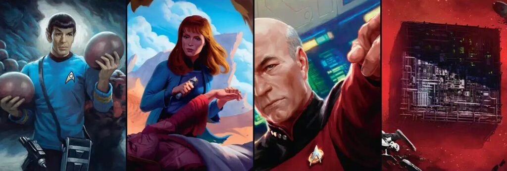 Card art from MTG Star Trek: Mr. Spock, Dr. Beverly Crusher, Captain Jean-Luc Picard and the Borg Cube