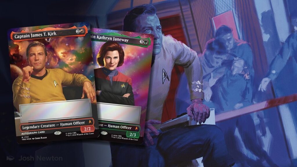 MTG Star Trek signed headliner cards of Captain Kirk and Captain Janeway over Captain Kirk card art