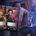 MTG Star Trek signed headliner cards of Captain Kirk and Captain Janeway over Captain Kirk card art