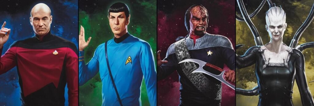 Picard, Spock, Worf and the Borg Queen from the four MTG Star Trek Commander deck boxes