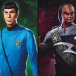 Picard, Spock, Worf and the Borg Queen from the four MTG Star Trek Commander deck boxes