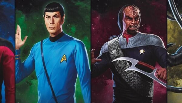 Picard, Spock, Worf and the Borg Queen from the four MTG Star Trek Commander deck boxes