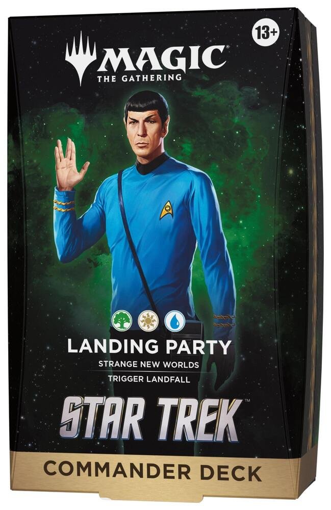 MTG Star Trek Landing Party Commander deck box with Spock giving the Vulcan salute