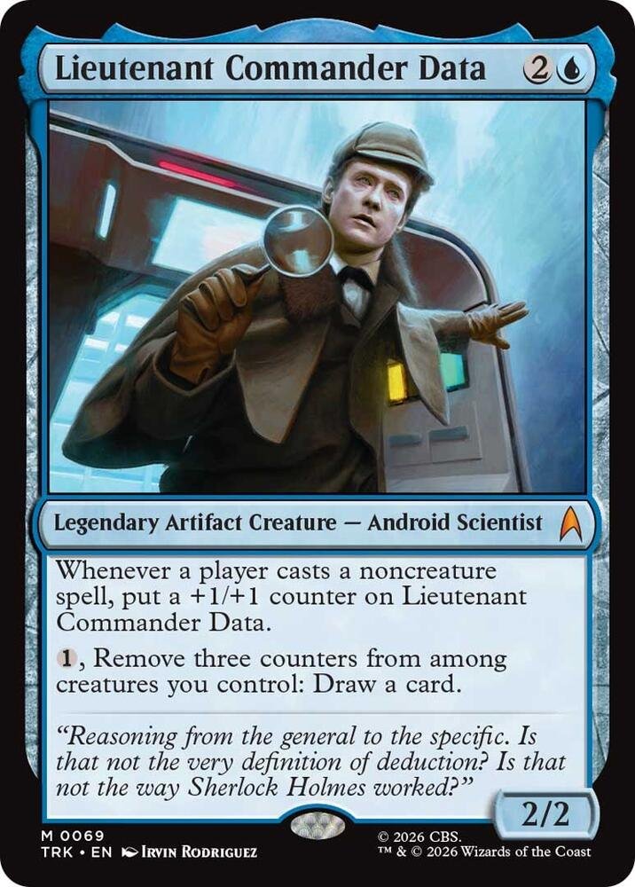 Lieutenant Commander Data mythic card from Magic: The Gathering Star Trek, showing Data dressed as Sherlock Holmes