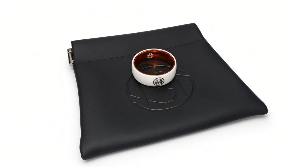 The MugenSense Son Goku ring, white titanium with the Go kanji and an orange inner band, resting on its black logo pouch