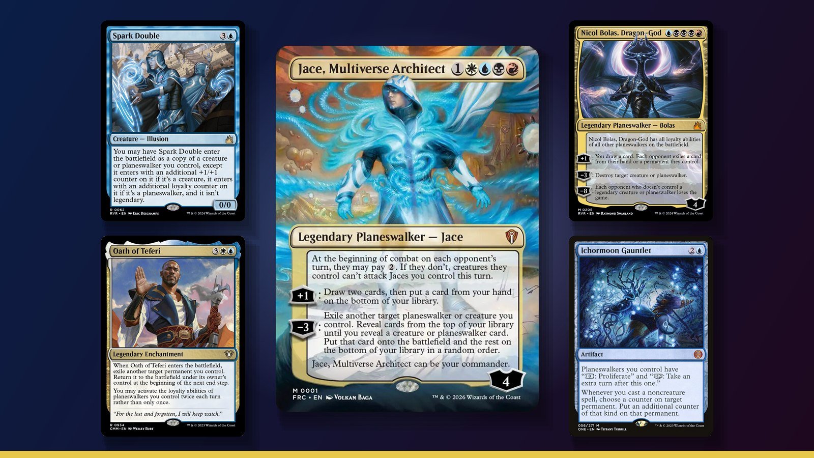 Jace, Multiverse Architect with Spark Double, Oath of Teferi, Nicol Bolas, Dragon-God and Ichormoon Gauntlet Magic cards
