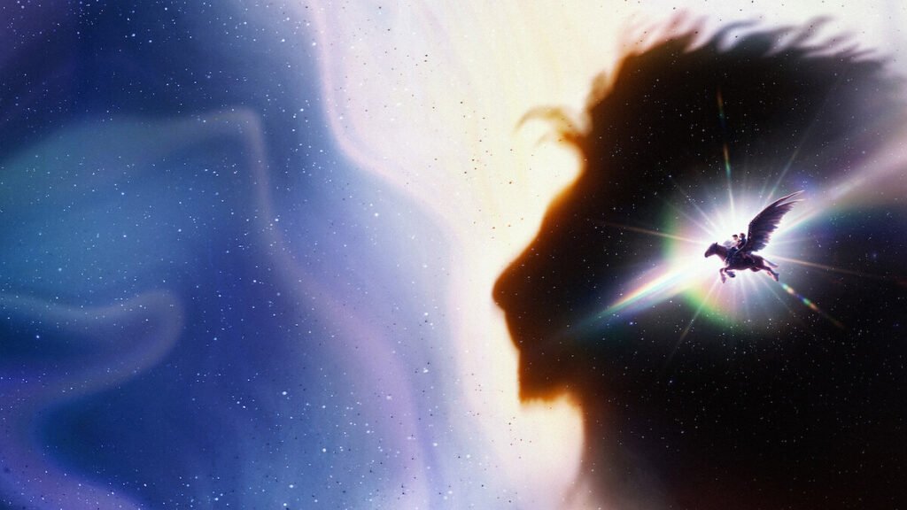 Narnia: The Magician's Nephew key art with a star-filled Aslan silhouette and Digory and Polly on a winged horse