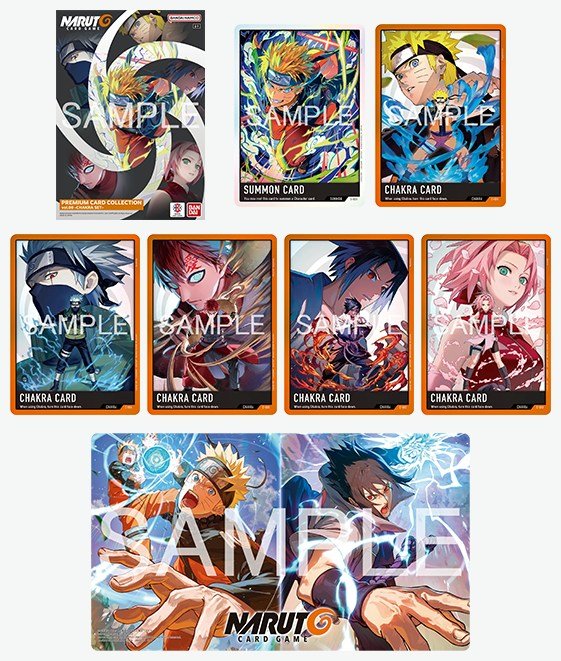 Premium Card Collection vol.00 Chakra Set with one Summon card and five Chakra cards, plus the Naruto vs. Sasuke playmat
