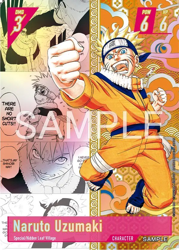 Naruto Uzumaki Character card built from manga panels, with DMG 3, POW 6 and HP 6