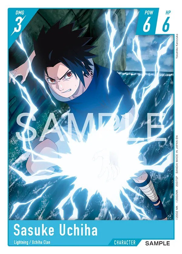 Sasuke Uchiha Character card using an anime still of Chidori, blue frame