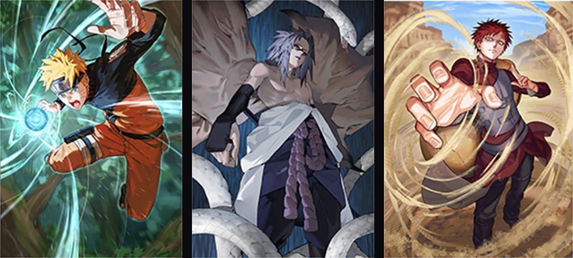 Leader art for the three Naruto Card Game starter decks: Naruto Uzumaki with a Rasengan, Sasuke Uchiha with snakes, and Gaara with sand