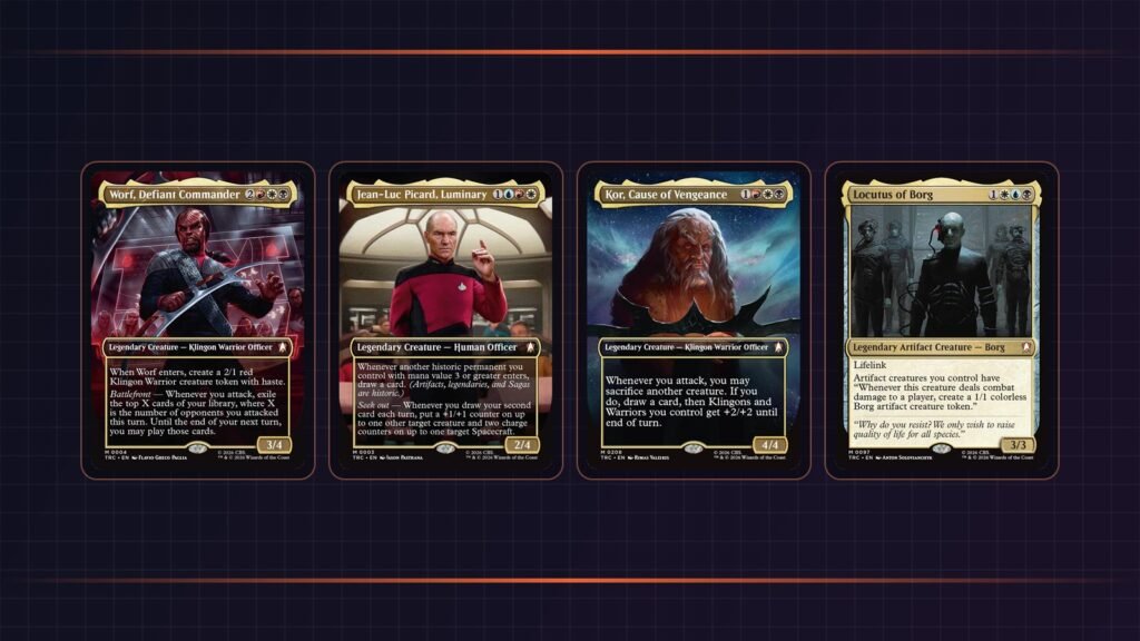 Four Magic: The Gathering Star Trek Commander cards: Worf, Jean-Luc Picard, Kor and Locutus of Borg