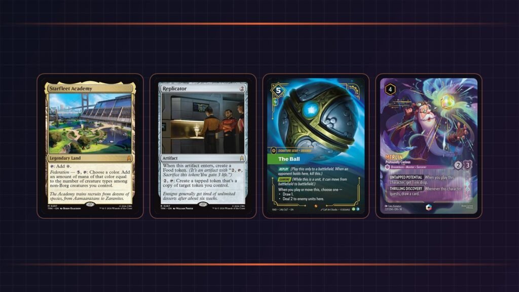 Starfleet Academy and Replicator from MTG Star Trek, The Ball from Riftbound Radiance and Merlin from Disney Lorcana Hyperia City