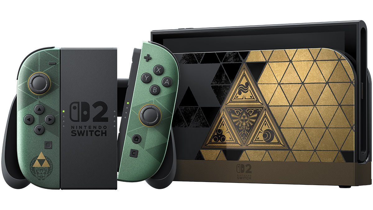 Nintendo Switch 2 The Legend of Zelda 40th Anniversary Edition with green and gold Joy-Con 2 and Triforce dock