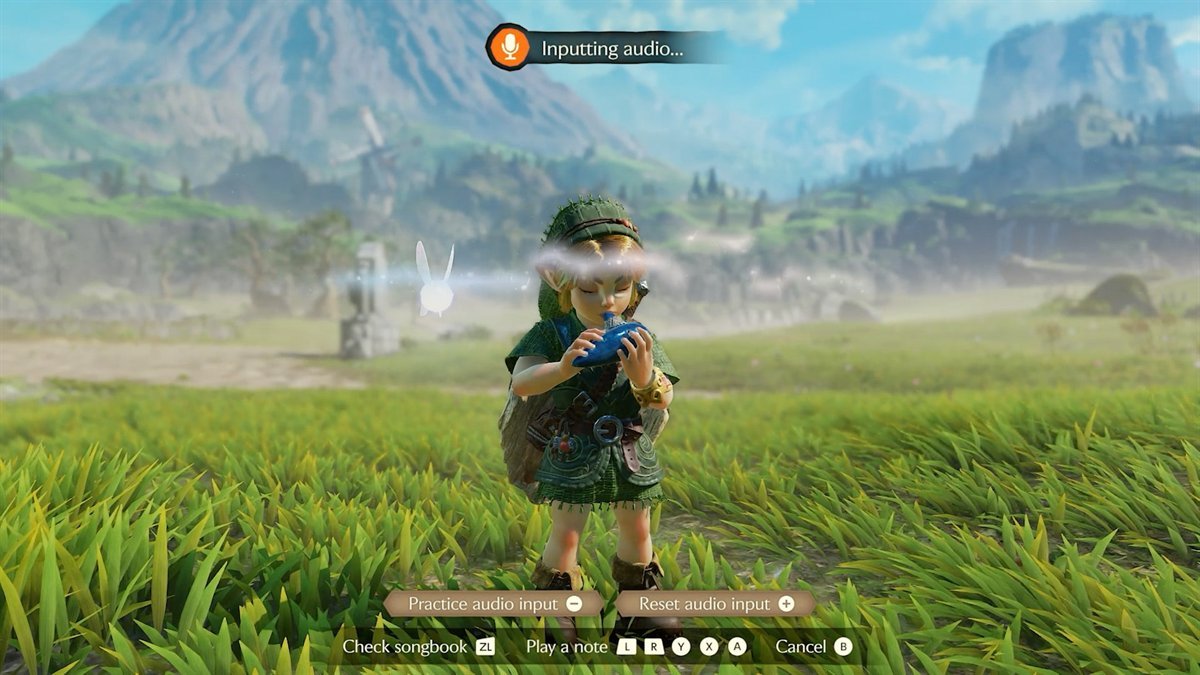 Link playing the ocarina in Hyrule Field with the Inputting audio humming prompt in Ocarina of Time on Switch 2