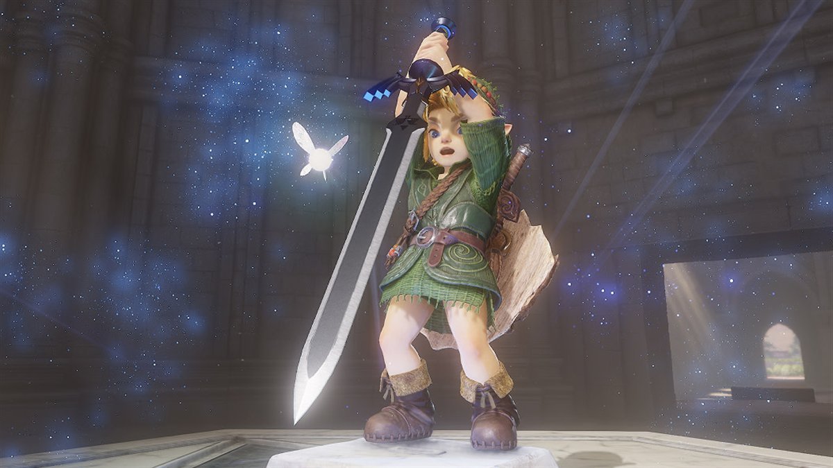 Young Link pulling the Master Sword in The Legend of Zelda: Ocarina of Time for Nintendo Switch 2