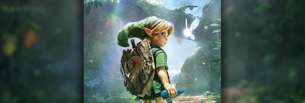 Young Link and Navi in the official key art for The Legend of Zelda: Ocarina of Time on Nintendo Switch 2