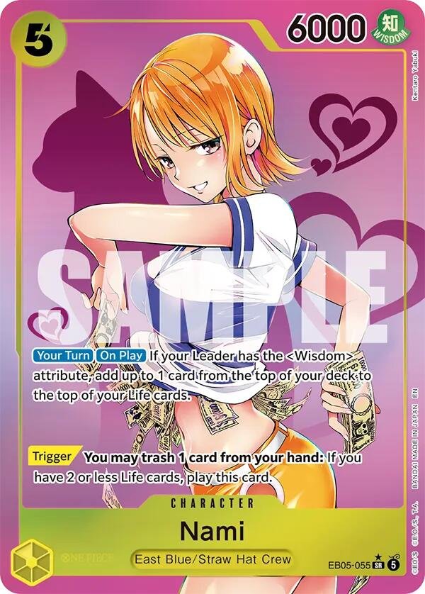 Nami EB05-055 Kentaro Yabuki parallel card with the cat-silhouette background from One Piece EB-05
