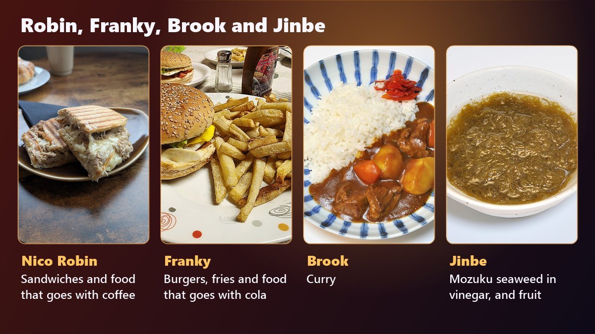 One Piece favorite foods: a sandwich for Robin, a burger and fries for Franky, curry for Brook and mozuku seaweed for Jinbe