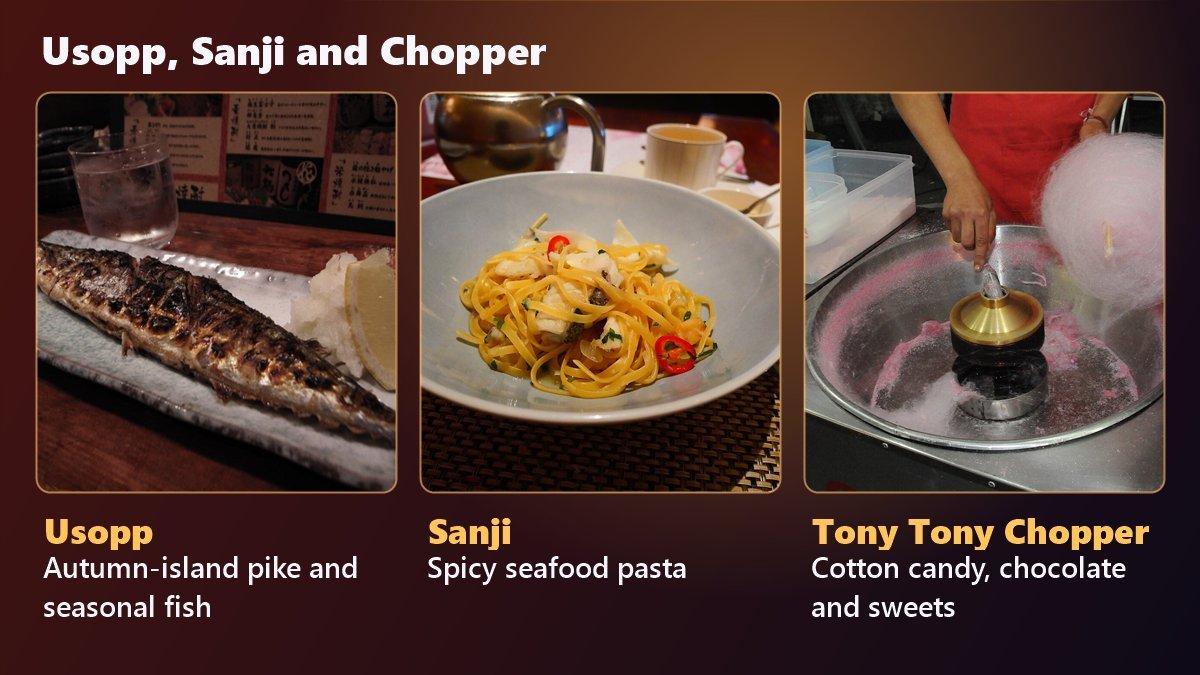 One Piece favorite foods: grilled pike for Usopp, spicy seafood pasta for Sanji and cotton candy for Chopper