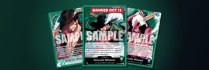 Dracule Mihawk OP14-020 leader marked banned October 12, between its alt art and the new P-163 Mihawk
