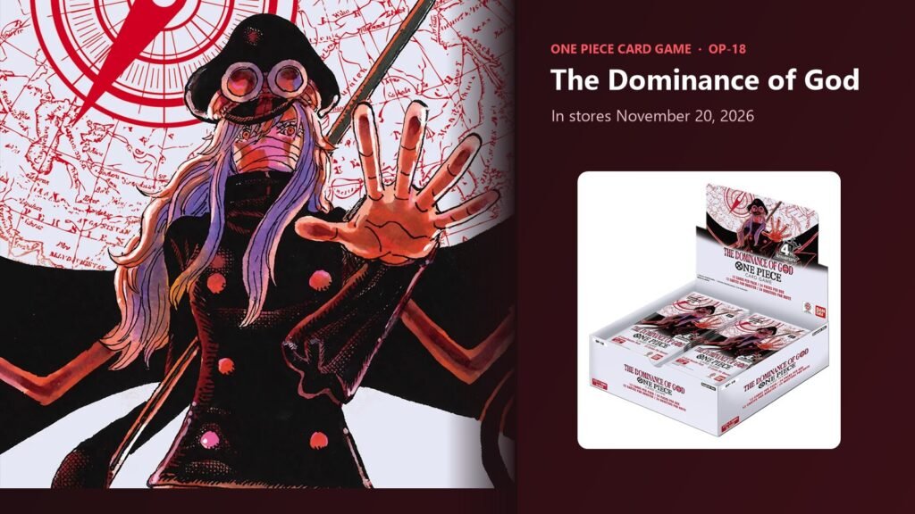 Official One Piece Card Game OP-18 The Dominance of God key art of Saint Gunko next to the OP-18 booster box