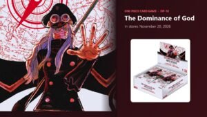 Official One Piece Card Game OP-18 The Dominance of God key art of Saint Gunko next to the OP-18 booster box