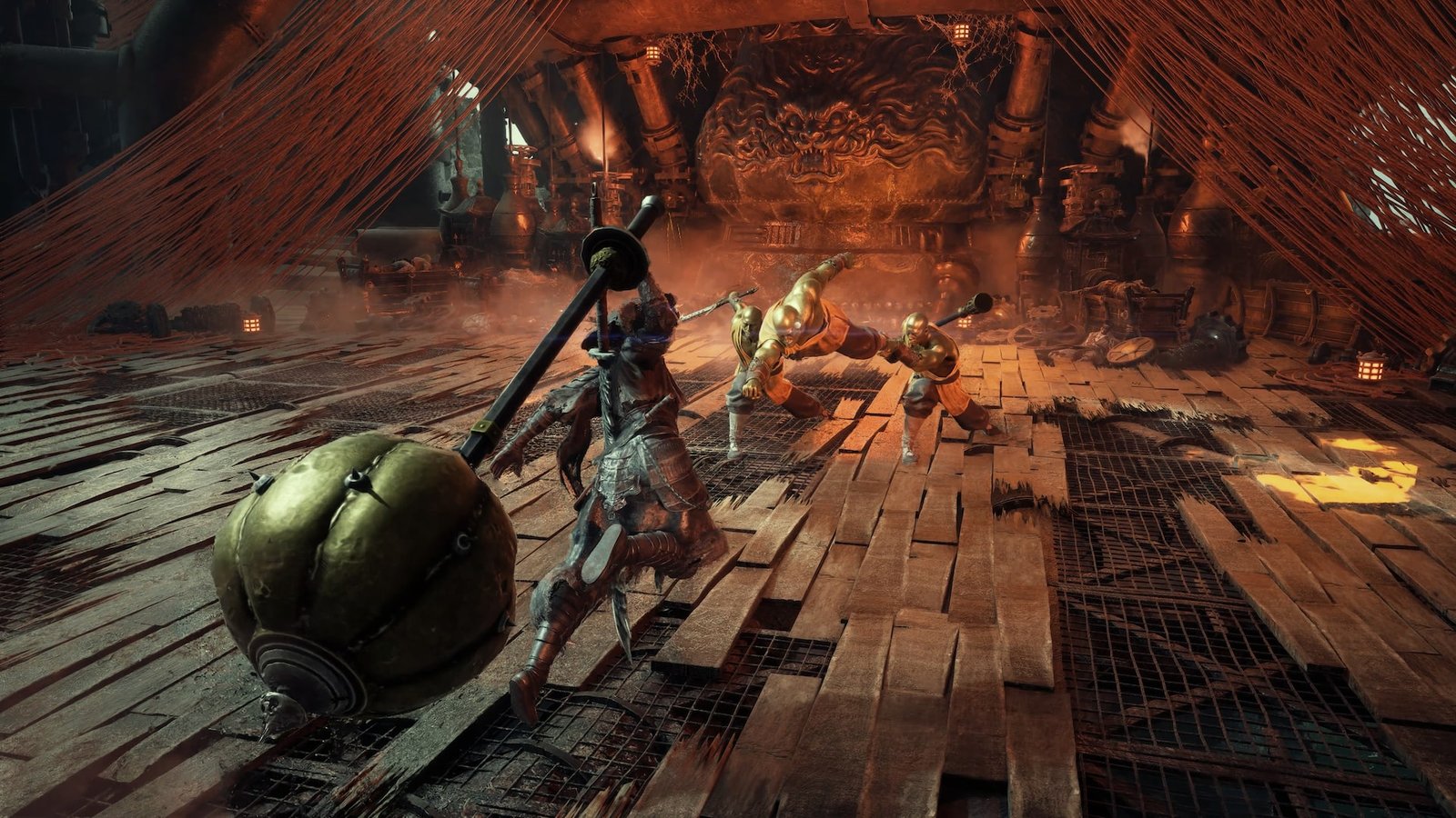 Soul fights two warriors in a wooden arena with a giant spiked mace in Phantom Blade Zero