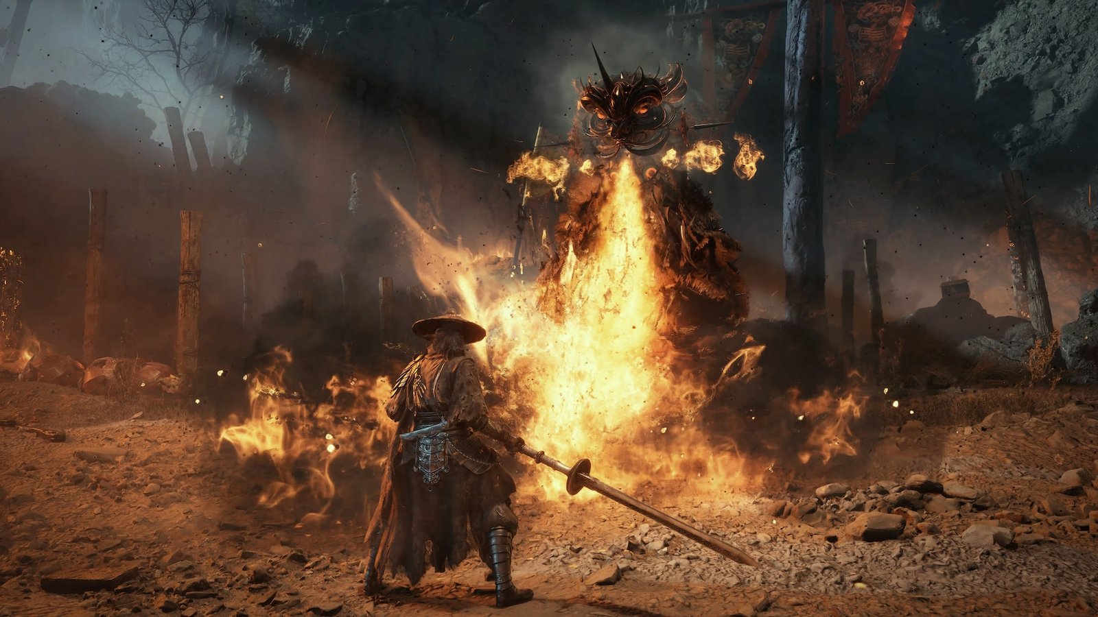 Soul faces a flaming demon boss in a burning village in Phantom Blade Zero