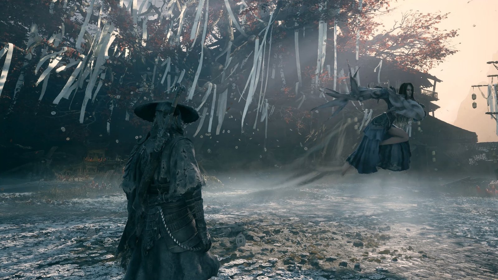 Soul in a straw hat faces a pale swordswoman in a rainy courtyard in Phantom Blade Zero